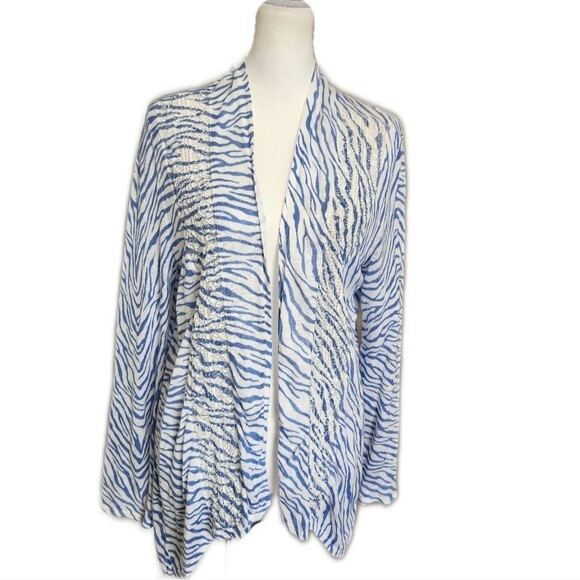 Chico's Linen Blend Cardigan Sweater, Blue & White Zebra Print, Lace Panels, 12 - Picture 1 of 9